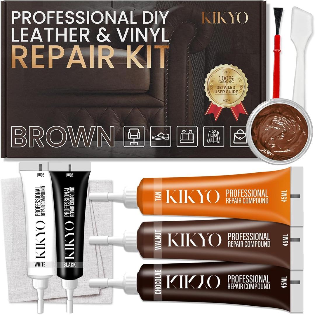 KIKYO Brown Leather Repair Kit, Faux Leather Chair & Couch Repair Kit for Furniture, Sofa, Purse, Belt, Super Easy Match Colors and Fix Scratches, Tears, Fade, Holes on PU, Genuine & Pleather