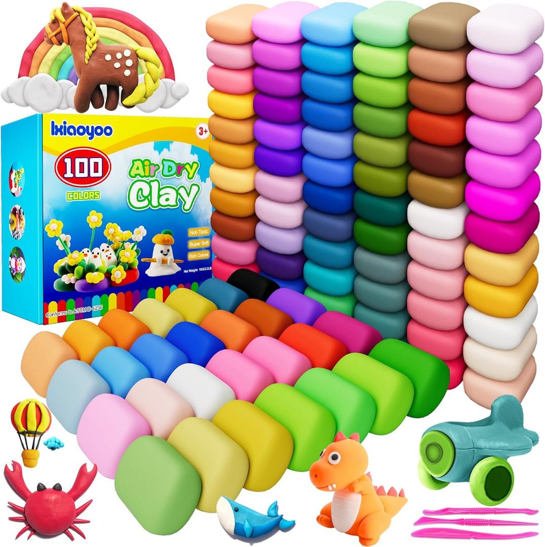 Ixiaoyoo Air Dry Clay, 100 Colors Modeling Clay for Kids, Safe & Non-Toxic, DIY Model Art & Crafts Toys with Sculpting Tools, Home Party Favors, Birthday Toys Gift for Ages 3-12 Boys & Girls