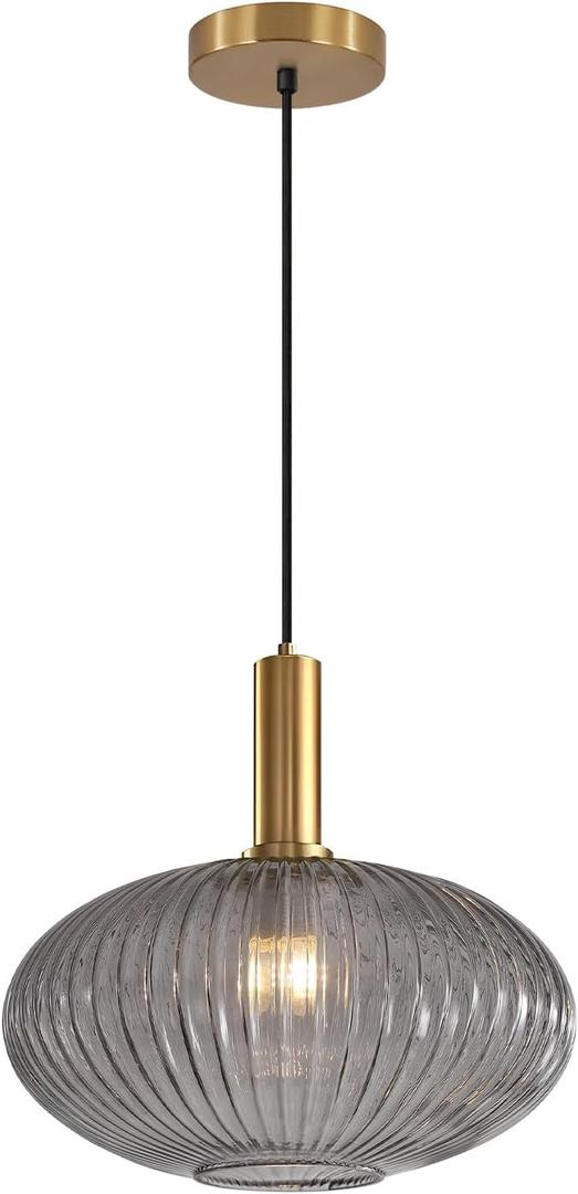 KCO Lighting Mid Century Modern Gold Glass Pendant Lighting Smoke Grey Globe Pendant Lights Kitchen Island Industrial Brass Gold Hanging Ceiling Light Fixture for Dining Room (30cm)