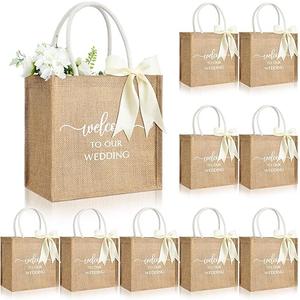 10 Pack Wedding Burlap Bags Jute Tote Bags with Handle and Ribbon for Guest Bridesmaid Gift Bridal Shower Party Favors