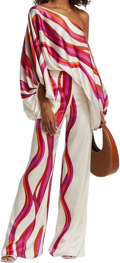 Womens Fall Loose 2 Piece Outfits Off Shoulder Printed Long Sleeve Casual Going Out Wide Leg Pants Set (Large, Rose)
