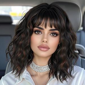 Wigs Human Hair with Bangs Short Wavy Bob for Women Black Mixed Brown Highlights Lightweight Breathable Glueless for Daily Party Cosplay (Black Mixed Brown,14 Inch)