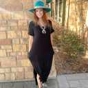 GRECERELLE Women's Summer Maxi Dress Casual Loose V Neck Short Sleeve Side Split Long Dresses with Functional Pockets (Black)