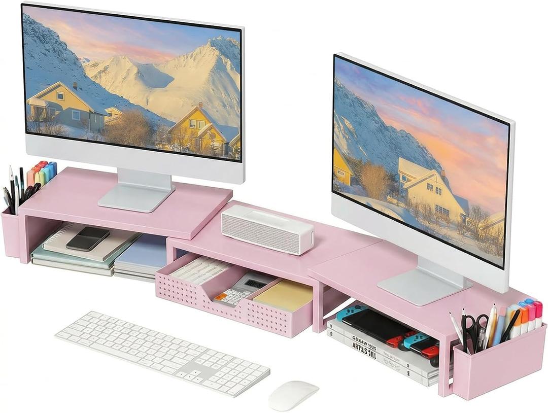 OPNICE Desk Organizers and Accessories, Dual Monitor Stand Riser with Drawer and 2 Pen Holders, Desk Shelf Metal Computer Racks for Office Workspace Organizers, Desktop Organization (Pink Metal), Item dimensions L x W x H 10 x 3 x 16 inches