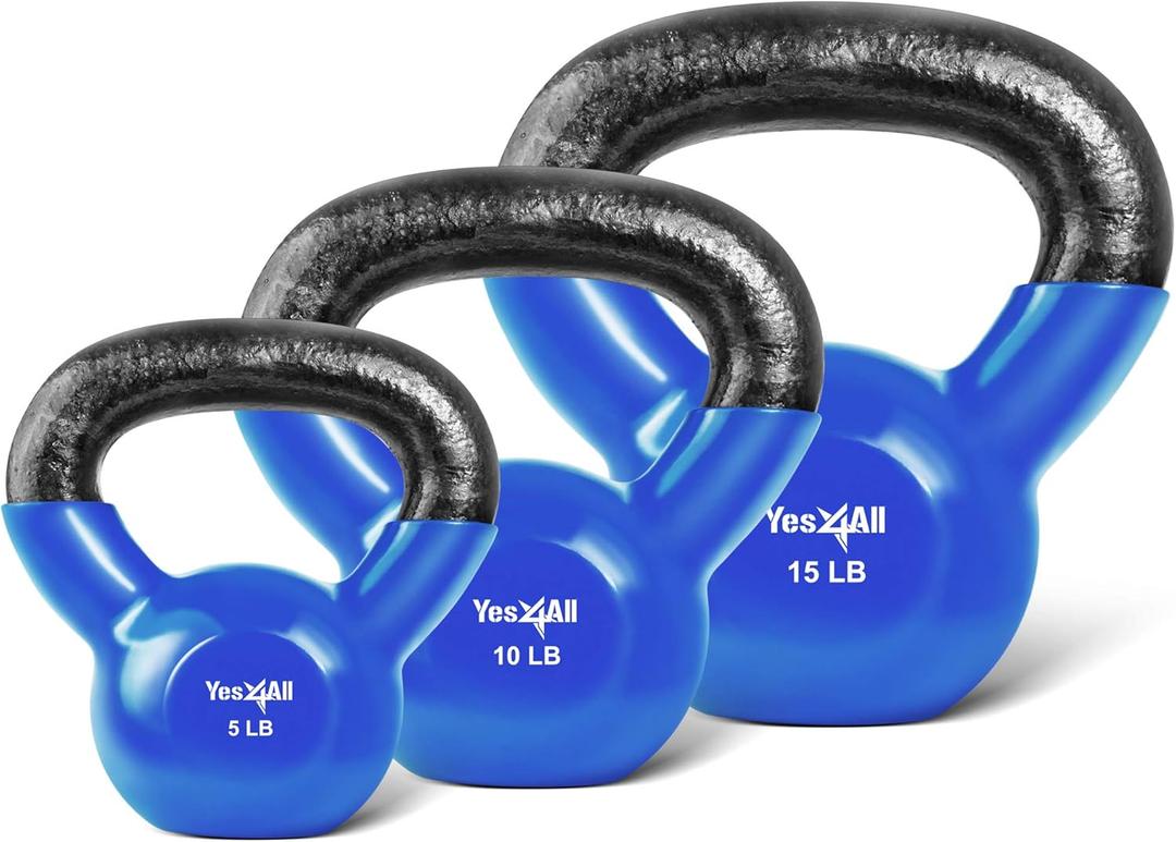 Yes4All Kettlebells 5 10 15 lbs Set Weight Vinyl Coated Cast Iron for Dumbbell Weights Exercises, Gym, Fitness, Full Body Workout Equipment Push up, Grip and Strength Training