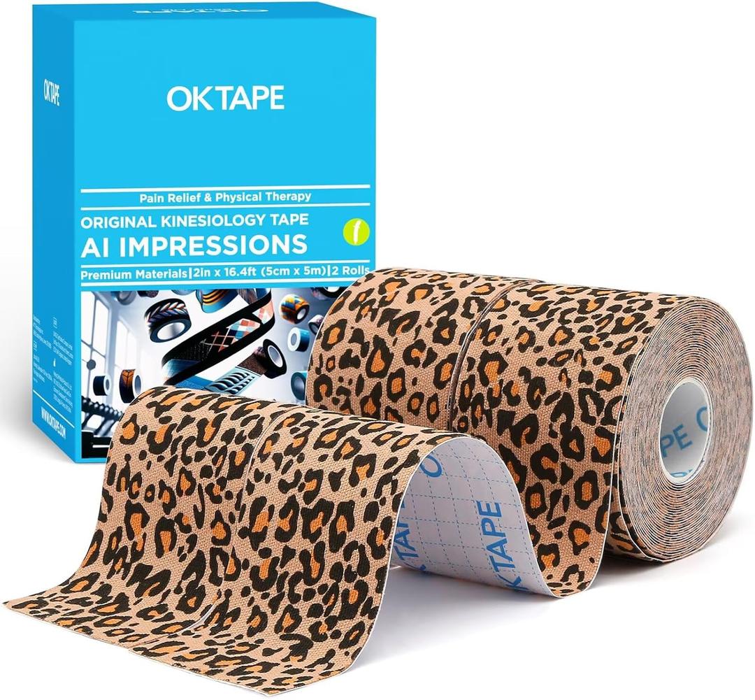 OK TAPE Hypoallergenic Digtal Printed Kinesiology Tape, Elastic Sports Athletic Tape, 2 Rolls, 2in16.4ft Uncut Roll-Cheetah