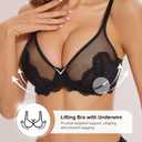 Minimizer Bras for Women, Sexy Lace Unlined Underwire Bra Full Coverage Push Up Sheer Mesh Plus Size Lifting Bra (Black)
