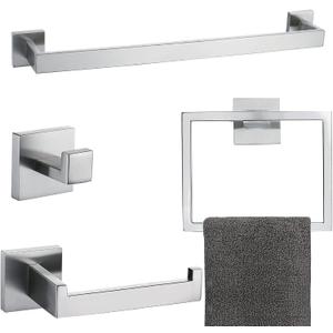 Brushed 4-Piece Bathroom Hardware Set Premium Stainless Steel Bath Towel Bar Sets Wall Mounted Square Bathroom Accessories Kit, 23.6 Inch Brushed Nickel