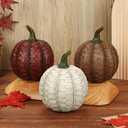 Oairse 6 Inch Large Artificial Pumpkins, 3 Pcs Fall Pumpkin Decor Beige Dark Red Brown Faux Resin Pumpkins Woven Pumpkin Centerpiece for Rustic Farmhouse Fall Thanksgiving Autumn Harvest Table Decor