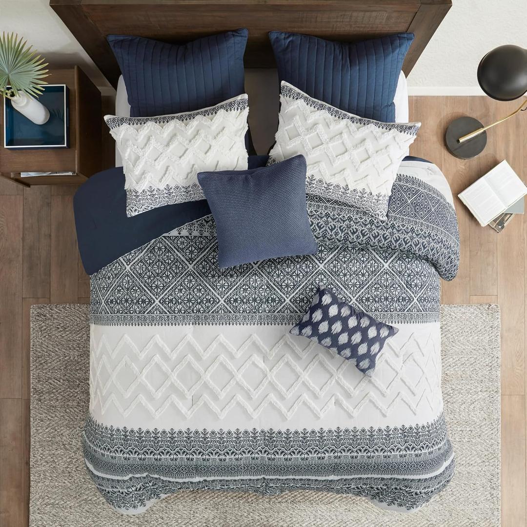 INK+IVY Mila 3P Cotton Duvet Cover Set, Navy Global Pattern, Chenille Tufting, Full/Queen, 1 Duvet, 2 Shams