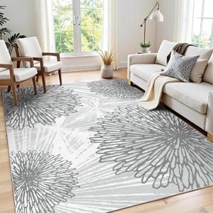 WITSHOCK 6x9 Washable Boho Area Rug: Modern Boho Floral Rugs for Living Room Bedroom Dining Room Machine Washable Carpet with Non-Slip Rubber Kid & Pet Friendly,Grey White