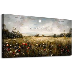Wapluam Wall Decor For Living Room Canvas Wall Art For Bedroom Wildflower Field Vintage Wall Art Canvas Prints Paintings Farmhouse Artworks Pictures Modern Bathroom Aesthetic Home Wall Decor 40"X20"