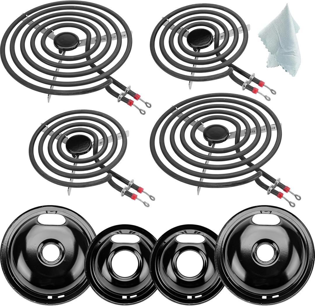 W10290350 W10290353 Black Porcelain Burner Drip Pan Bowls & MP22YA Electric Range Burner Element Unit Set by Cenipar-Compatible with Whirl-pool Frigi-daire Ama-na Range Oven/Stove