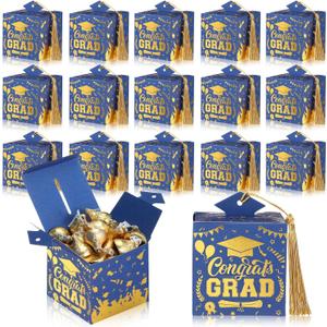 Tenceur 30 Pcs Graduation Cap Gift Box 2026 Graduation Party Cardboard Favors Candy Treat Box Grad Centerpieces with Tassel for High School College Congrats Party Decoration(Blue and Gold)