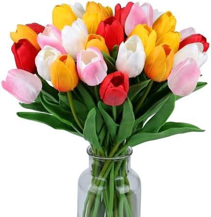SITUMEIZI Fake Flowers Tulips Artificial Flower 15pcs Real Touch PU 14" for Spring Easter Home Kitchen Wedding Bouquet Bulk Mother's Gift Day Decorations(Assorted Colors,5)