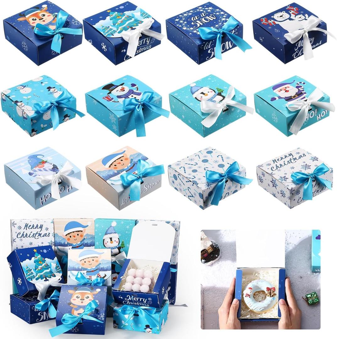 Cholemy 60 Pcs Christmas Gift Boxes with Lids, 4.5'' x 4.5'' x 1.95'' Blue and White Christmas Boxes Empty with Bow for Xmas Proposal Holiday Decorations
