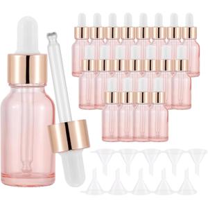 JIUWU 20 Pack 15ml Dropper Bottle with 10 Funnel, Pink Glass Eye Dropper Bottle for Essential Oils and Perfumes, Leak Proof Travel Vials