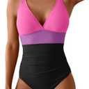 Aidonger Women's One Piece Color Block Swimsuit Tummy Control Slimming Bathing Suit V Neck Cutout High Waisted Swimwear, Pink & Black, M