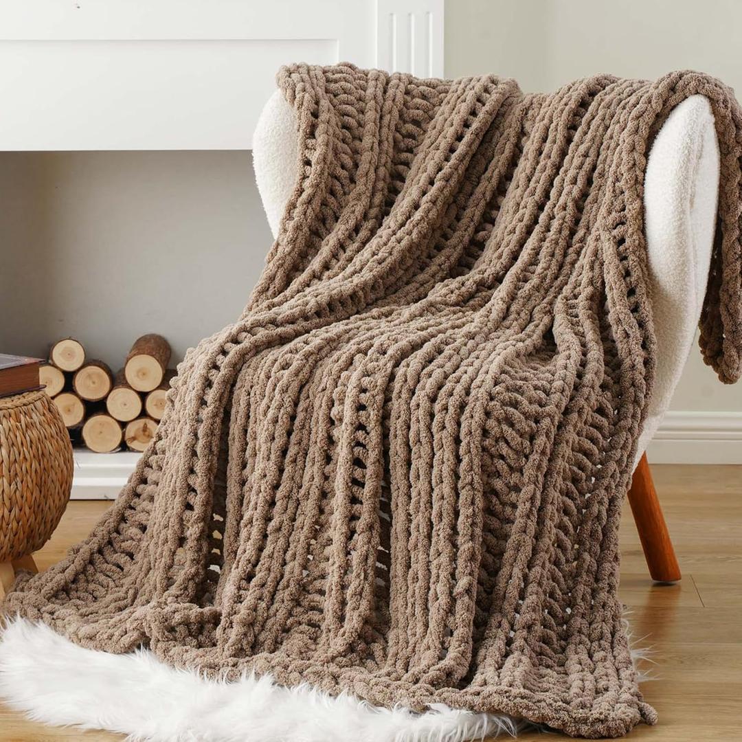 Battilo Beige Chunky Knit Throw Blanket for Couch, Super Soft Thick Warm Cable Knitted Blanket, Khaki Chenille Throw Taupe Blankets for Bed,Sofa, Living Room, 50"x60"