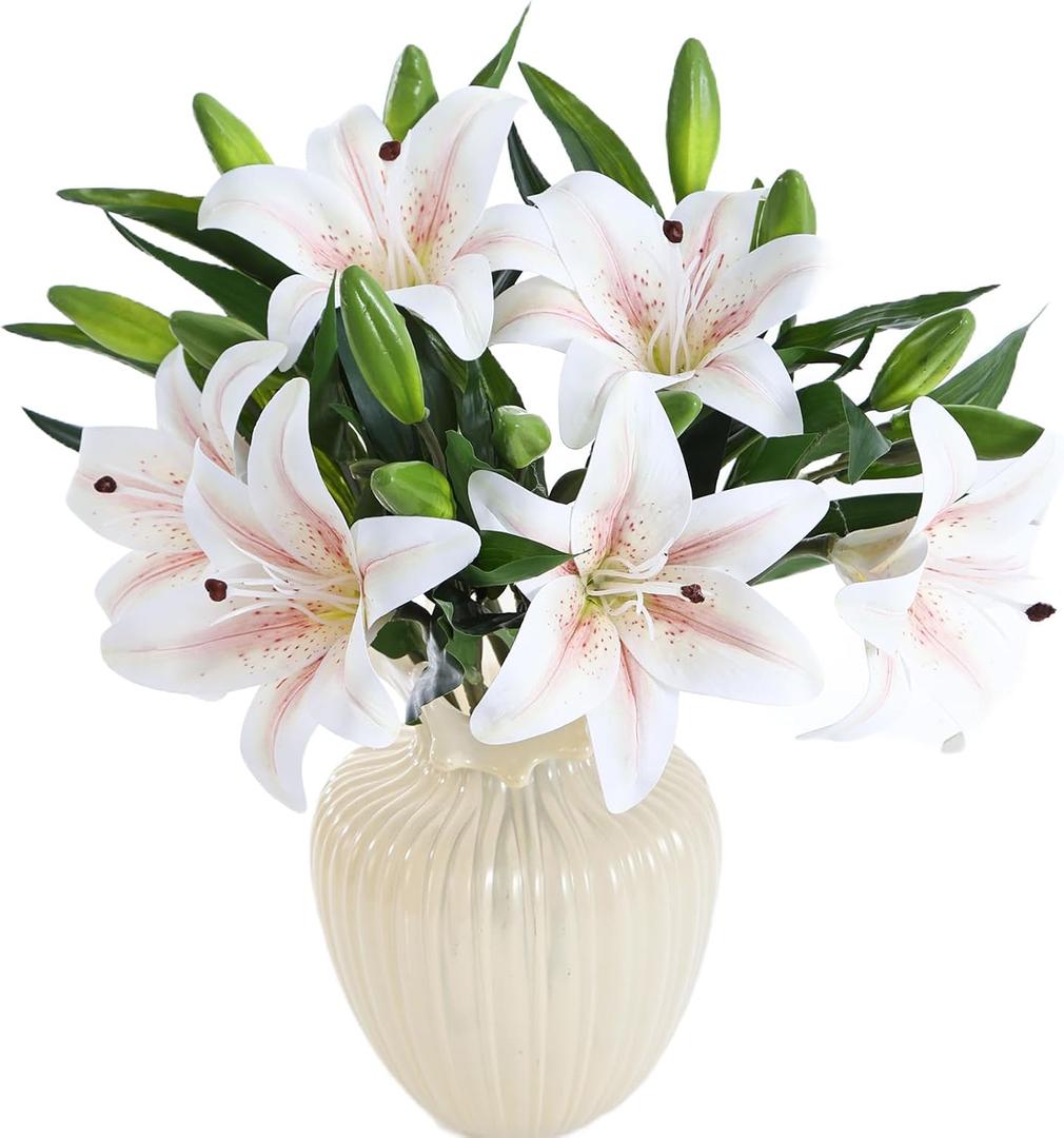 Kimura's Cabin 6Pcs Tiger Lily Fake Flowers Real Touch Faux Lilies with Stems Plants Artificial Lilys Bouquet for Easter Floral Arrangements Wedding Home Table Centerpiece Decor(Pink core White)
