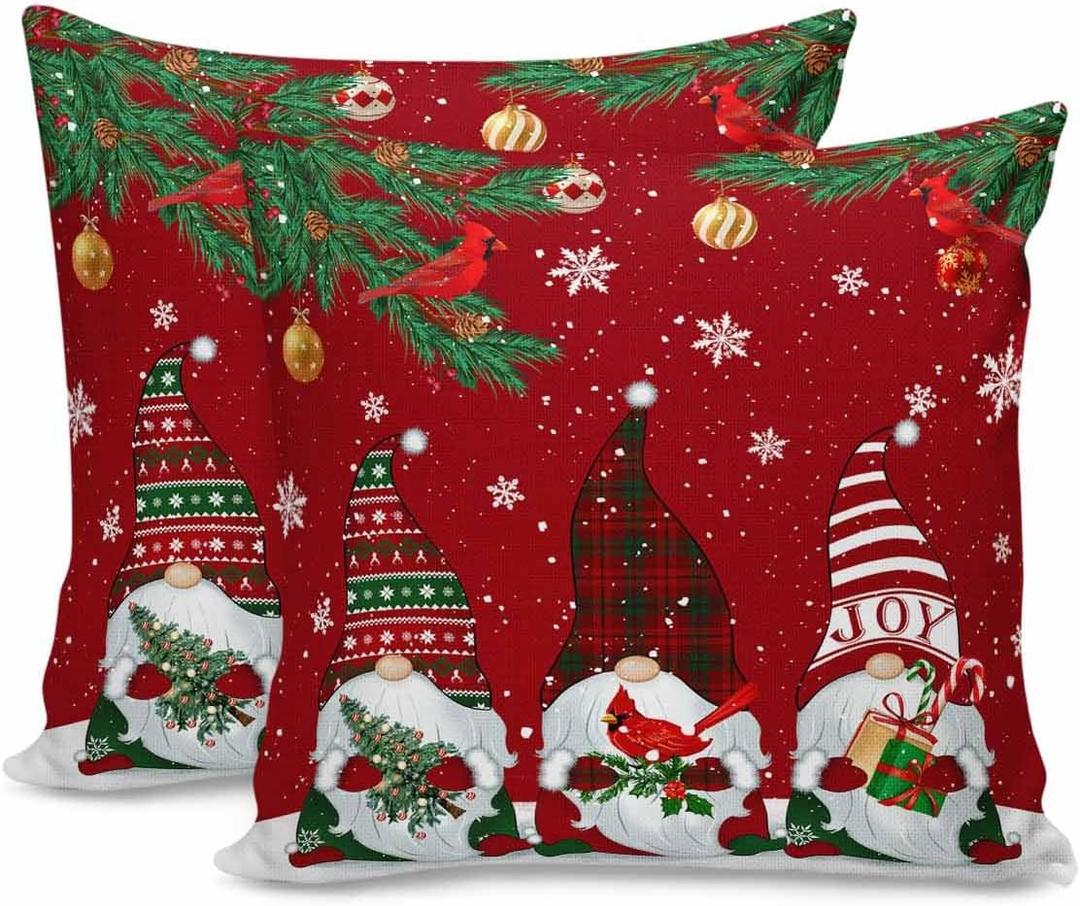 Red Christmas Gnome Cardinals Snowflake Pillow Covers 18x18 Inch Set of 2, Merry Xmas Decorations Outdoor Throw Pillow Covers, Winter Holiday Square Pillowcases for Patio Sofa Couch Bedroom Decorative