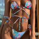 Women Halter String Bikini Set Sexy Thong Cheeky Two Piece Swimsuits Solid Color Bathing Swimwear (Flower, Medium)