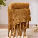 Boho Knitted Chenille Blanket with Tassels - Lightweight & Soft All-Season Throw - 3D Classic Pattern for Living Room Bedroom Couch, Amber Brown, King 90"x108"