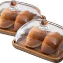 2 Pack Rectangular Wooden Cake Stand, 4 x 6.3 Mini Cake Plate Holder with Clear Glass Bell, Cake Display Server Tray for Kitchen, Birthday Parties, Weddings, Baking Gifts