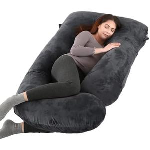 Pregnancy Pillow, Full Body 57 Inch Maternity Pillow with Removable Washable Cover - Sleep Support for Legs, Back, Neck, Shoulder, HIPS, Belly for Pregnent Women, Black Grey Velvet Cover Hole in Pillow