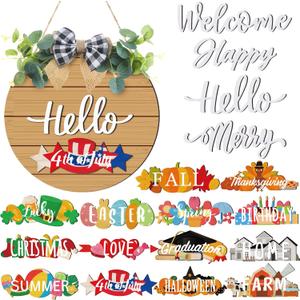 20 Pcs Interchangeable Welcome Sign for Front Door with 4 Sign and 14 Changeable Icons Farmhouse Front Porch Decor Rustic Wooden Door Decor Outdoor Seasonal Welcome Decorations(Brown)