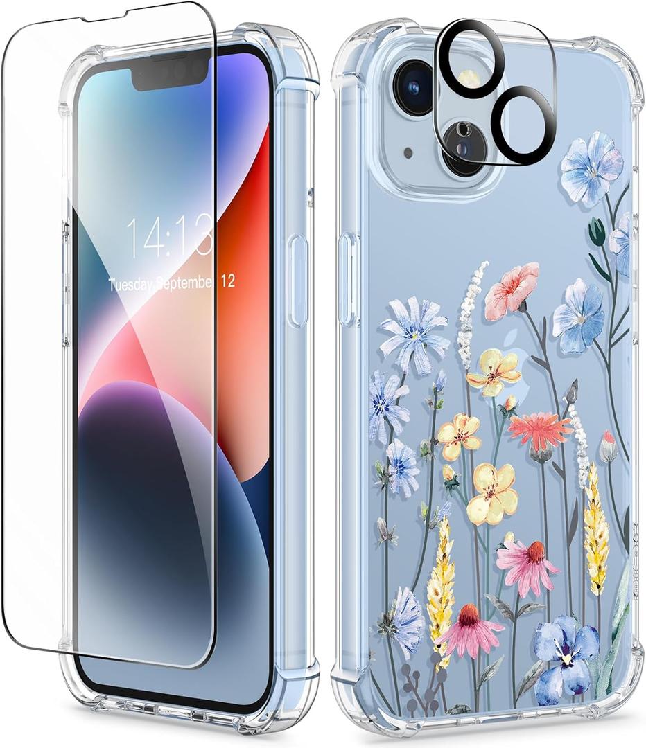 GVIEWIN for iPhone 14 Case Floral, with Screen Protector + Camera Lens Protector,[Non Yellowing] Soft Shockproof Clear Phone Protective Cover for Women, Flower Pattern Design 6.1"(Aconite/Light Blue)