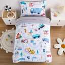 4-Piece Cars Toddler Bedding Set for Boys Girls- Soft & Skin Friendly Toddler Bed Set Includes Toddler Comforter, Flat Sheet, Fitted Sheet and Pillowcase (Light Blue) (Vehicle)