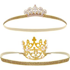 Golden Crystal Crown Headband for Little Girls - Baby Tiara, Princess Tiara, Birthday Crown - Elastic Hair Band for Photography, Parties & Gifts
