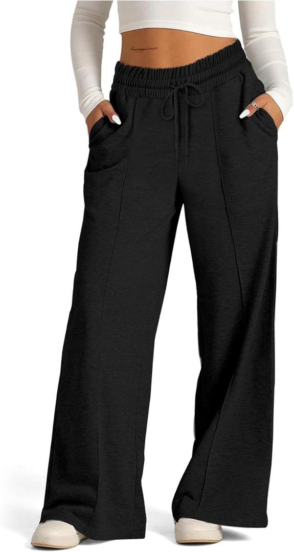 SOFIA'S CHOICE Women's High Waist Drawstring Sweatpants with Pockets Loose Straight Leg Lounge Pant Black, Large