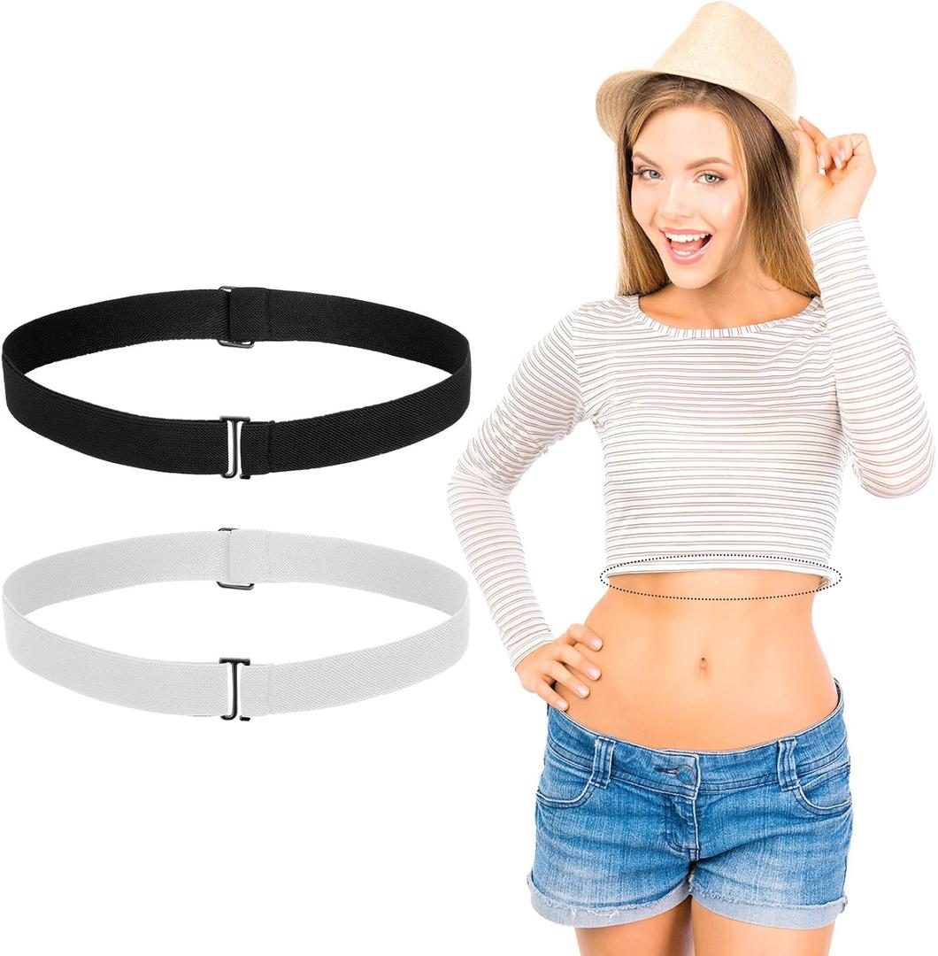 2 PCS Crop Top Band Adjustable Elastic Belts for Women Shirt Tuck Band Women Stretchy Invisible Crop Top Bands Waist Belt for Sweaters Tucking Shirts (Black White)