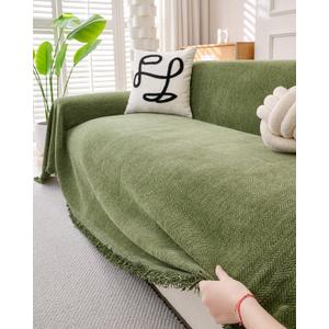 Erke Couch Cover Sheet Blanket, 3-Seat Standard Size Sofa Cushion Slip Covers, L Shape Sectional Furniture Decor Protector, Machine Washable Chenille Slipcover for Pets Dogs Cats (71" x 134", Green)