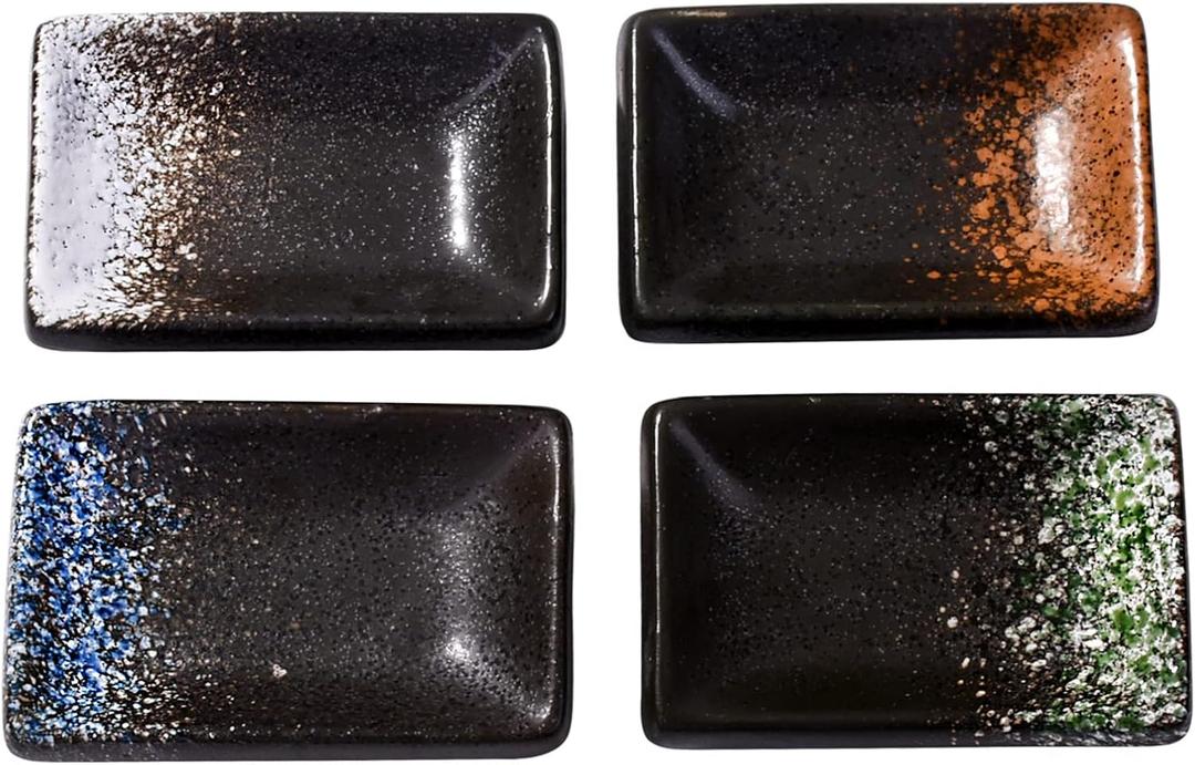 Ceramic Dipping Sauce Dishes Set of 4, 3.35-Inch Small Rectangular Soy Sauce Bowls, Textured Speckled Glaze Sushi Dipping Plates for Condiments, Side Dishes, Dips, Dishwasher and Microwave Safe (FX)