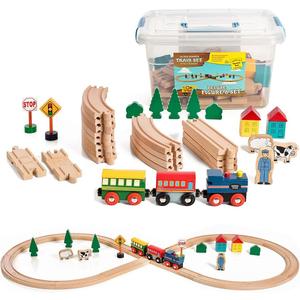 Wooden Train Set 35 Piece All in One Wooden Toy Train Tracks Set with Magnetic Trains and Railway Accessories, Comes in A Clear Container, Compatible with All Major Brands