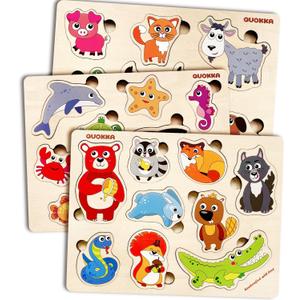 QUOKKA Wooden Puzzles for Toddlers Ages 1-3-5  Animal Peg Puzzles for Kids 2-4 Years Old  Set of 3 Wood Learning Travel Toys for Children  Gift Educational Game for Boys and Girls