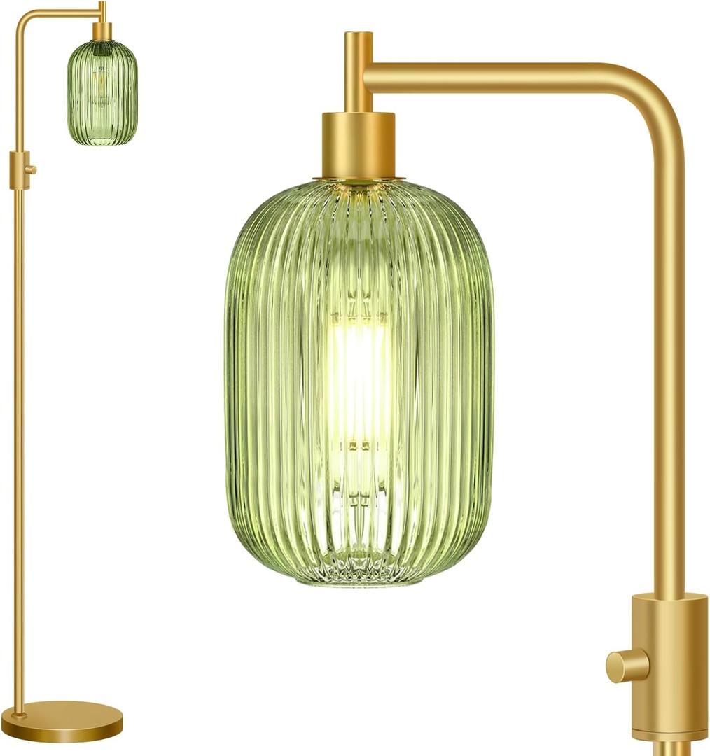 Upgraded Dimmable Glass Floor Lamp for Living Room, Modern Gold Standing Lamp with Green Ribbed Glass Lampshade & Knob Dimmer, Arc Tall Lamp for Bedroom Office Reading Room, 2700K Led Bulb Included