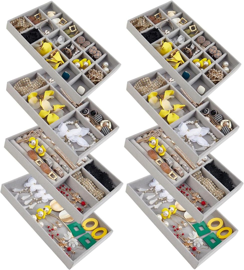 SPAKOWN Jewelry Drawer Organizer Inserts Set of 8, Small Stackable Jewelry Tray with Removable Dividers for Earrings Necklaces Rings Bracelets (Grey)