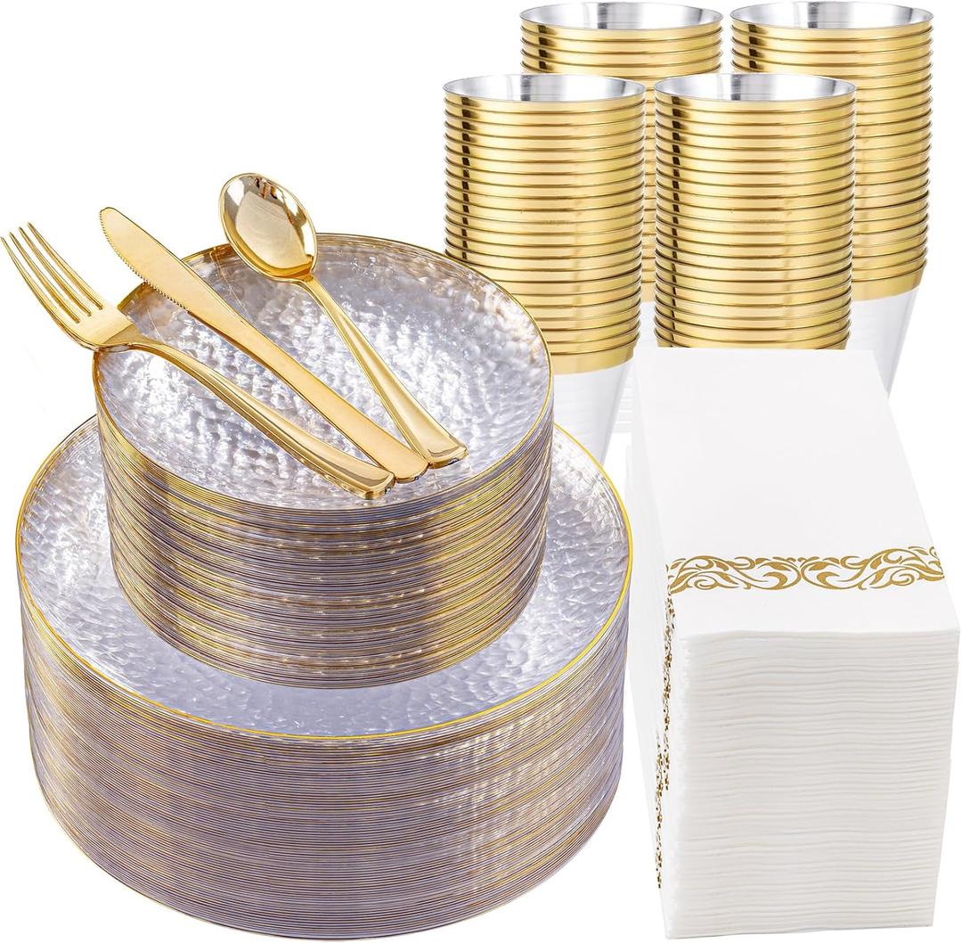 DaYammi 350PCS Clear Gold Plastic Dinnerware Set for 50 Guests, Hammered Disposable Plates for Party, Include: 50 Dinner Plates, 50 Dessert Plates, 150 Gold Silverware, 50 Napkins, 50 Cups