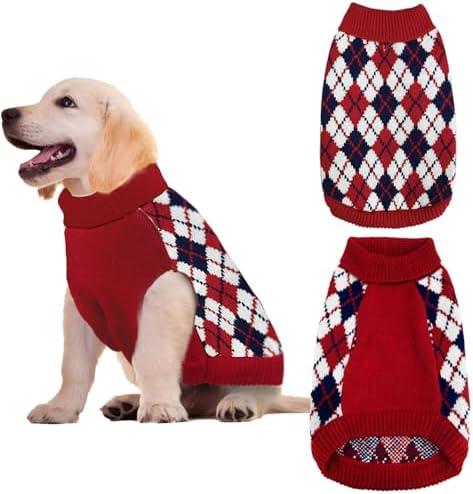 Dog Sweater Knitted Pet Clothes Classic Winter Outfit with Plaid Red Argyle Patterns Warm Dog Turtleneckr Sweatshir for Small Medium Puppies Dogs Cats Large