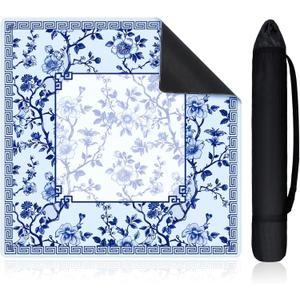 22 Inch Mini Chinoiserie Mahjong Mat for Travel Set White Floral Mahjong Mat Cute Small Domino Accessories Gifts Domino and Tile Game Table (Blue)