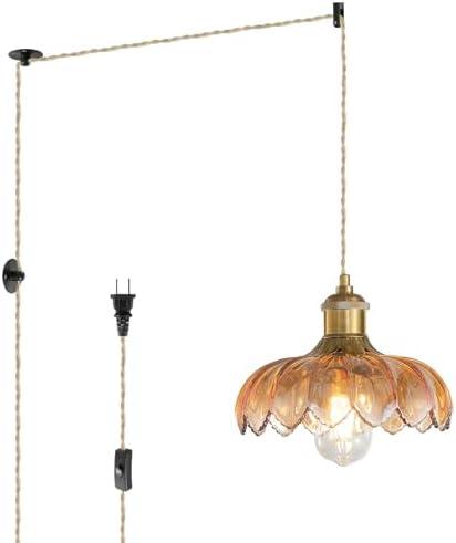 KUZZULL Plug in Pendant Light: Plug in Hanging Lamps 14.8ft Swag Cord with Rotating Switch, Amber Glass Hanging Lamp Fixture for Kitchen Island & Ceiling Hanging Lights