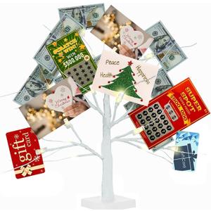 Money Tree Gift Holder, 2FT 24 LED Birch Tree with 12 Clear Clips, Battery Powered Lighted Display Card Trees for Christmas, Wedding, Photo Memo, Birthday Graduation White