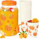 Umigy 1 Gallon Fall Pumpkin Plastic Drink Dispenser with 20 Pcs 12 oz Paper Cups Thanksgiving Harvest Kitchen Decoration Beverage Water Dispenser with Spigot for Juice Beer Autumn Party Supplies