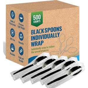 Plastic Black Spoons Disposable Individually Wrapped - Medium Weight 500pcs. - Ideal for House Party, Backyard BBQ, Picnic, Home