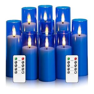 Eebuss Flameless LED Candles Set of 9, Battery Operated Candles with Remote and Timer, Flickering Realistic Pillar Candle for Home Decor (D 1.6"×H 4" 4" 4" 5" 5" 5" 6" 6" 6") ((Blue))