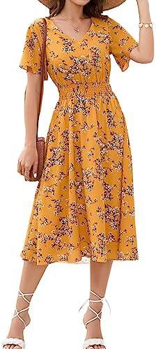 Gardenwed Chiffon Floral Dresses Summer Midi Wedding Guest Dress V Neck for Women Elastic Waist, Size: 2XL
